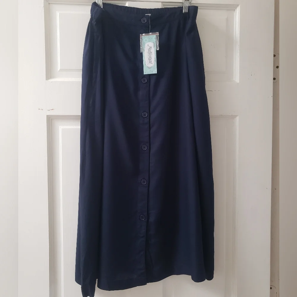 National Summer Casual Front Button A-Line Midi Skirt with Pockets Size L